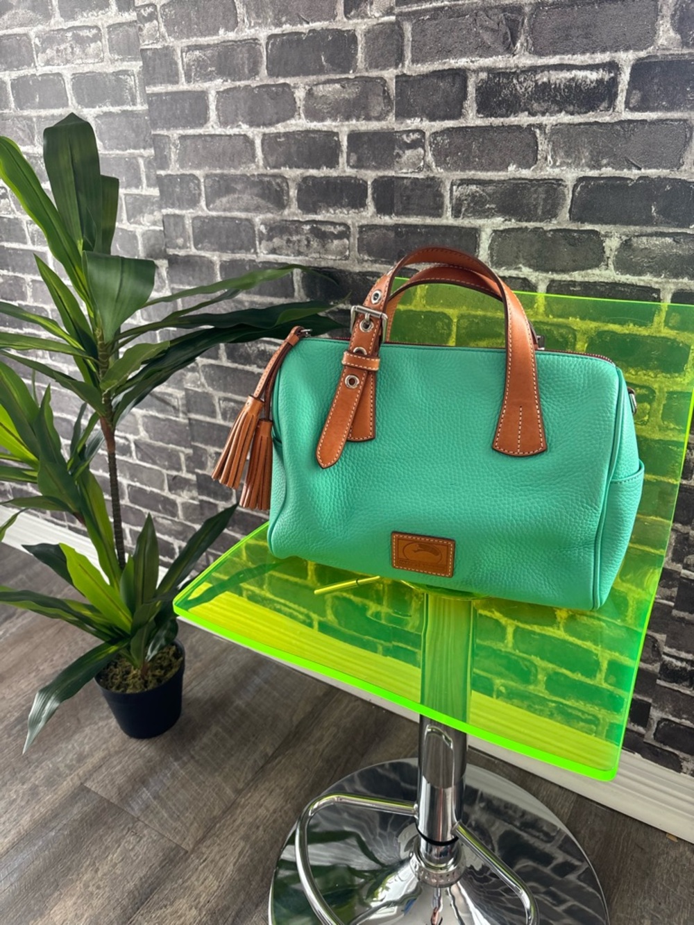 Dooney & Bourke Turquoise Pebble Leather Satchel with Brown Trim